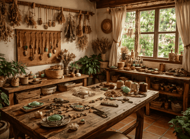 cuarto con mesa de madera al centro con materiales para hacer joyas de macrame a mano, hilos piedrasy herramientas