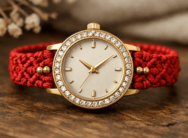 reloj de macrame rojo con cara dorada y brillanes