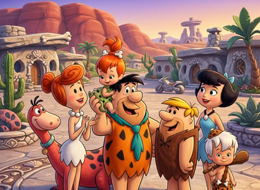 Os personagens de Os Flintstones e Rubbles em frente a casas da Idade da Pedra em Bedrock.