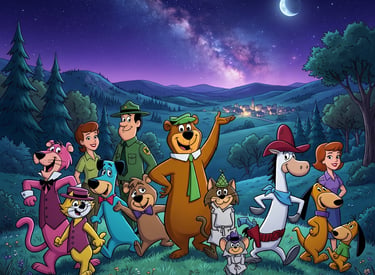 Personagens da Hanna-Barbera, incluindo Zé Colmeia e Huckleberry Hound, reunidos sob um céu estrelad