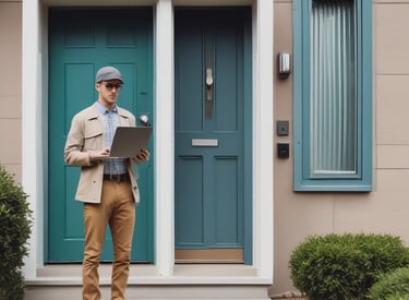 Technician assisting a customer with computer setup in a cozy home office environment.
