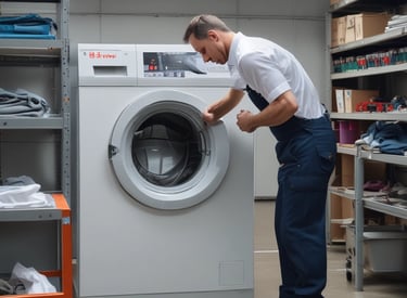 Close-up of a Bosch washing machine being serviced by a professional