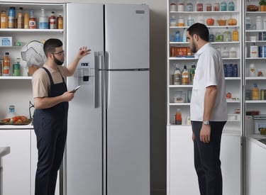 Technician repairing a high-end American refrigerator in a modern kitchen