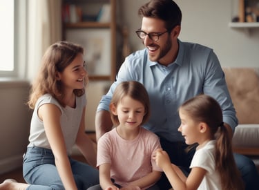 Sketch of a family reading together under a lamp on blueprint paper.