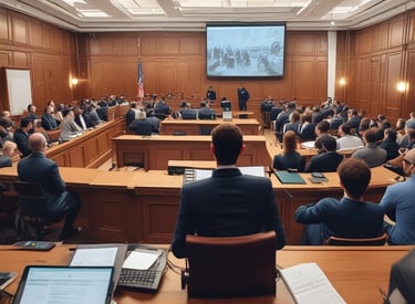 a technician with a laptop in a courtroom showing evidence on a big screen