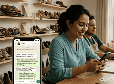 La dueña de un negocio usa WhatsApp en su teléfono inteligente para chatear con un cliente.