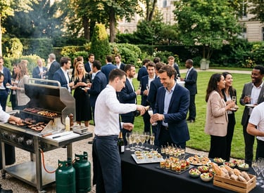 Réception d'entreprise dehors, avec des invités profitant d'un barbecue et d'un service traiteur.