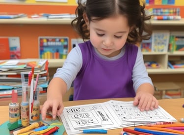A cheerful tutor helping an elementary-aged child with colorful learning materials.