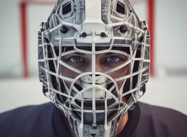 Close-up of a goalie wearing a mask with the dangler connect system fastening the neck guard firmly.