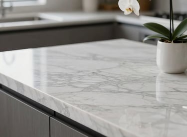 Elegant minimalist interior with soft navy and silver accents reflecting cleanliness and luxury.