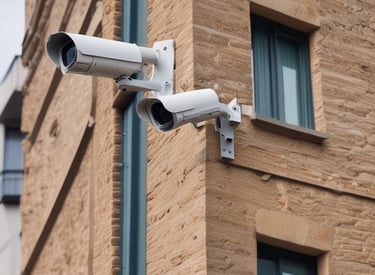 Security cameras positioned on a solar-powered building’s exterior in daylight.