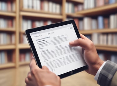 A person reading an e-book on a tablet in a bright, modern setting.
