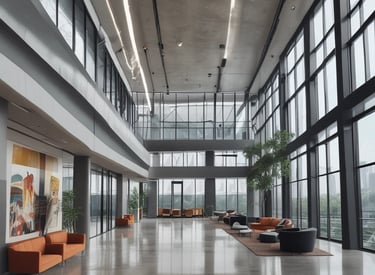A modern office space ready for rent with bright natural light and clean design.
