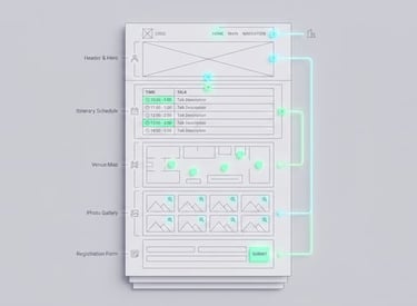 Wireframe diagram of an event website layout with sections for itinerary, venue map, and registration.