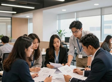 A team meeting with housing society members discussing plans.