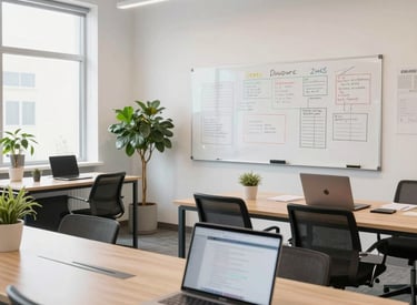 A professional team discussing redevelopment plans around a conference table with blueprints and legal documents.