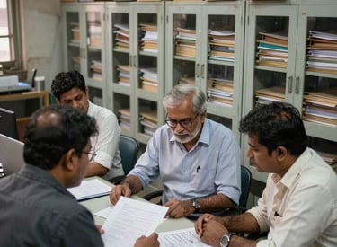 A professional team reviewing architectural plans and schedules in a modern office setting
