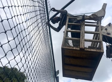 Happy family enjoying a pigeon-free balcony, with safety nets visible in the background.