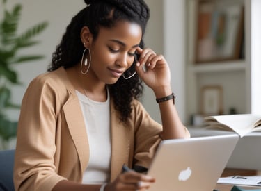 Close-up of a cozy journal beside a cup of tea and a lit candle, inviting reflection.