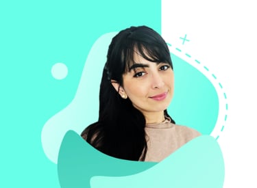 Professional headshot of a smiling woman with dark hair over a turquoise abstract graphic background.