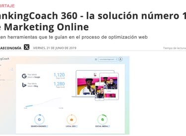 Screenshot of rankingCoach 360 marketing online dashboard showing SEO metrics and local search tools.