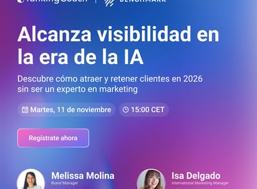 Promotional banner for an AI marketing webinar featuring Melissa Molina and Isa Delgado on November 11th.