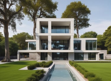 A newly built custom home with warm wood accents and large windows.