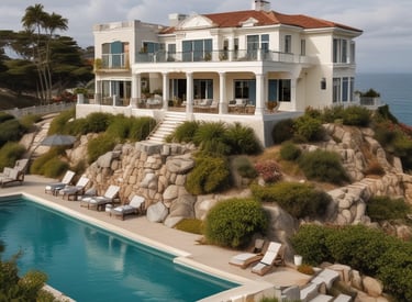 Evening view of a custom home with pool lights glowing softly.