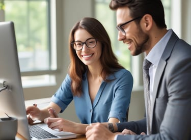 A happy couple reviewing home loan documents in a bright, modern living room.