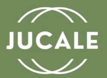 White JUCALE brand logo with arched line accents on a solid olive green background.