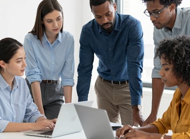 A network diagram displayed on a laptop screen during a client meeting.