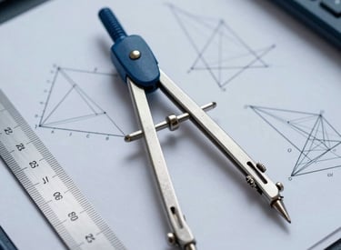 A high-quality studio close-up of geometric drawing tools, a compass, and a ruler on a blueprints of mathematical shapes, Middle Eastern / Anatolian professional desk setting with steel blue and dark blue accents.
