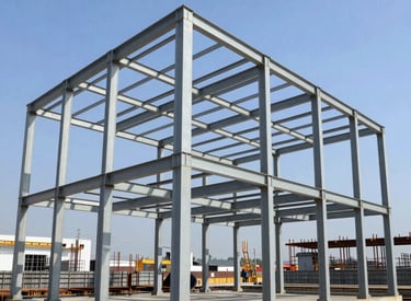 Photo of a busy construction site with workers collaborating on a modern commercial building frame.