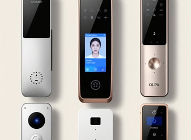 Surveillance cameras monitoring the entrance of a residential property at dusk.