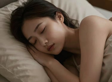 Peaceful bedroom scene with soft lighting and a person sleeping comfortably.