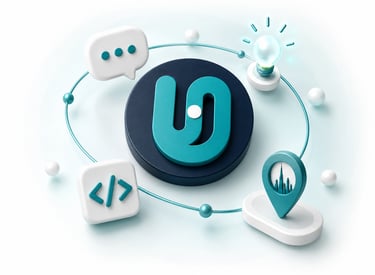 3D Unitlogi illustration linking broker conversations, a product idea, software development and the company’s Dubai origins.