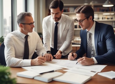 A professional team discussing logistics over a laptop with global maps.