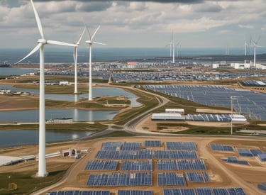 A modern logistics warehouse with trucks loading and unloading under clear skies.