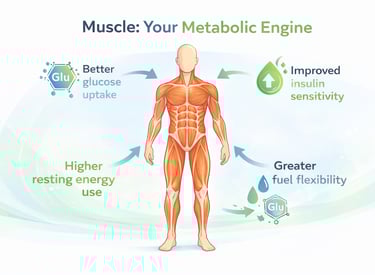 Diagram showing how muscle building improves insulin sensitivity and metabolism