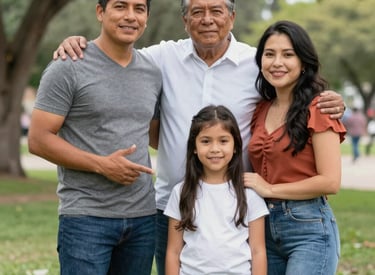 A caring insurance agent warmly discussing options with a smiling family in a bright, welcoming office.