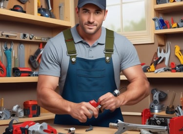 Handyman fixing a door hinge in a bright, inviting home setting.