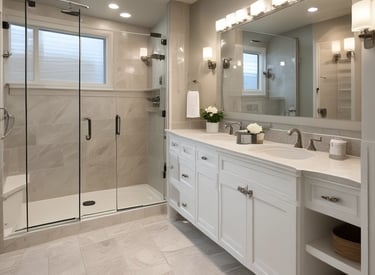 Elegant bathroom remodel featuring sleek tiles and updated fixtures.