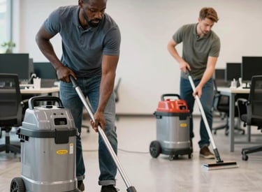 A pristine coworking space with gleaming floors and organized desks after cleaning.