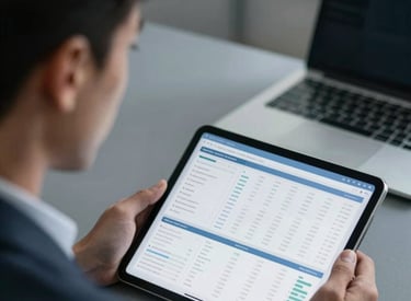 A close-up shot of a professional analyst in a Global Business / Corporate setting, looking thoughtfully at a tablet displaying clean, complex data visualizations. Soft, cool lighting with slate grey and midnight blue accents.