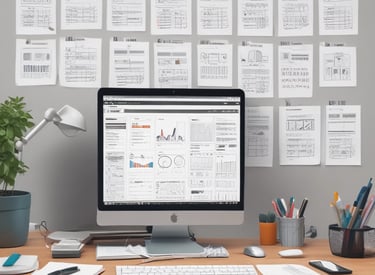 Visual of a person typing on a laptop surrounded by content icons and charts.