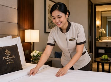 A smiling hotel housekeeper in uniform making the bed in a luxury Premier Hotel room.