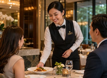 A smiling hotel waitress in a formal uniform serving a gourmet meal to guests in a luxury restaurant.