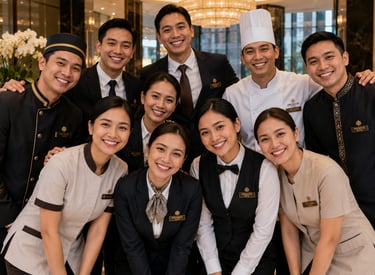 Smiling diverse luxury hotel staff group posing together in a grand lobby for hospitality services.
