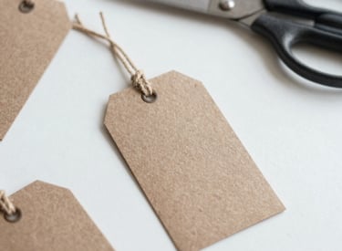 A cozy crafting scene featuring colorful tags made from textured paper scattered beside a pair of vintage scissors and thread spools.