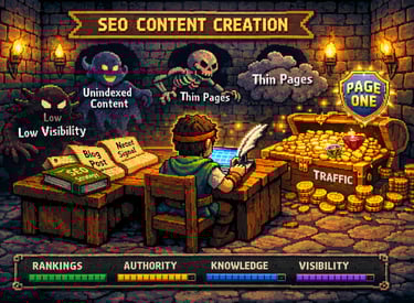 16-bit RPG illustration of Boise SEO keyword research by Level Up SEO Guild to improve Google ranks